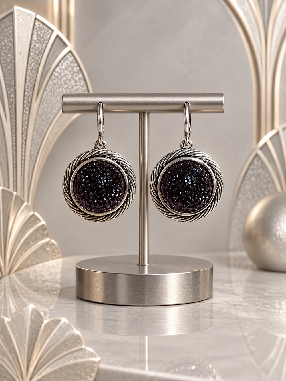 Silver-Tone Pavé Drop Earrings with Deep Purple Accent
